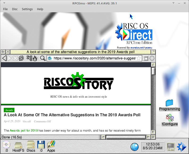 RISC OS Direct running in RPCEmu (on a Linux Mint PC)