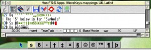 The MoreKeys window for Ctrl-Alt-S which, by default, represents 'symbols'. The relevant part of the mappings file is displayed above.