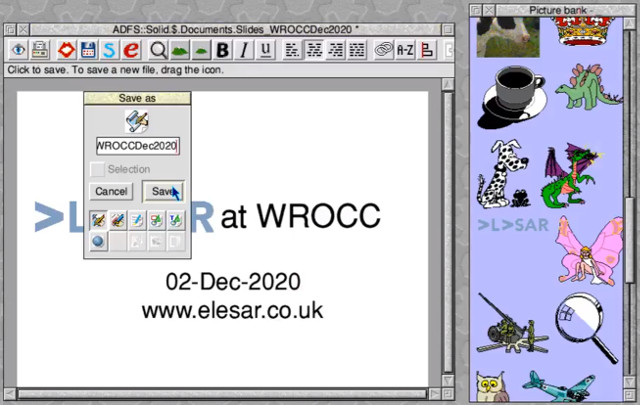 Screen grab from the Elesar clip posted on Twitter, showing a document in which the presentation slide show was clearly being prepared, along with a 'Picture bank' window containing a selection of clip art.