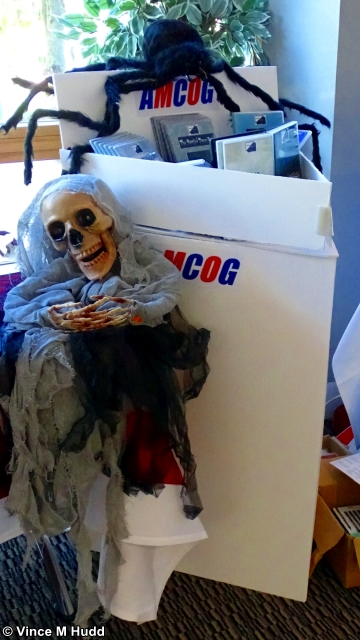 AMCOG's Skeleton sitting on the edge of the Soft Rock Software, and spider guarding AMCOG's own products at London 2021