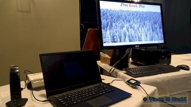 A PineBook Pro with its display being sent to an external monitor at Southwest 2023