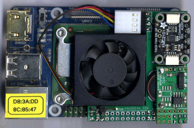 Chris Hall's Waveshare Mini Base Board (B) fitted with a Compute Module 4, fan, etc.